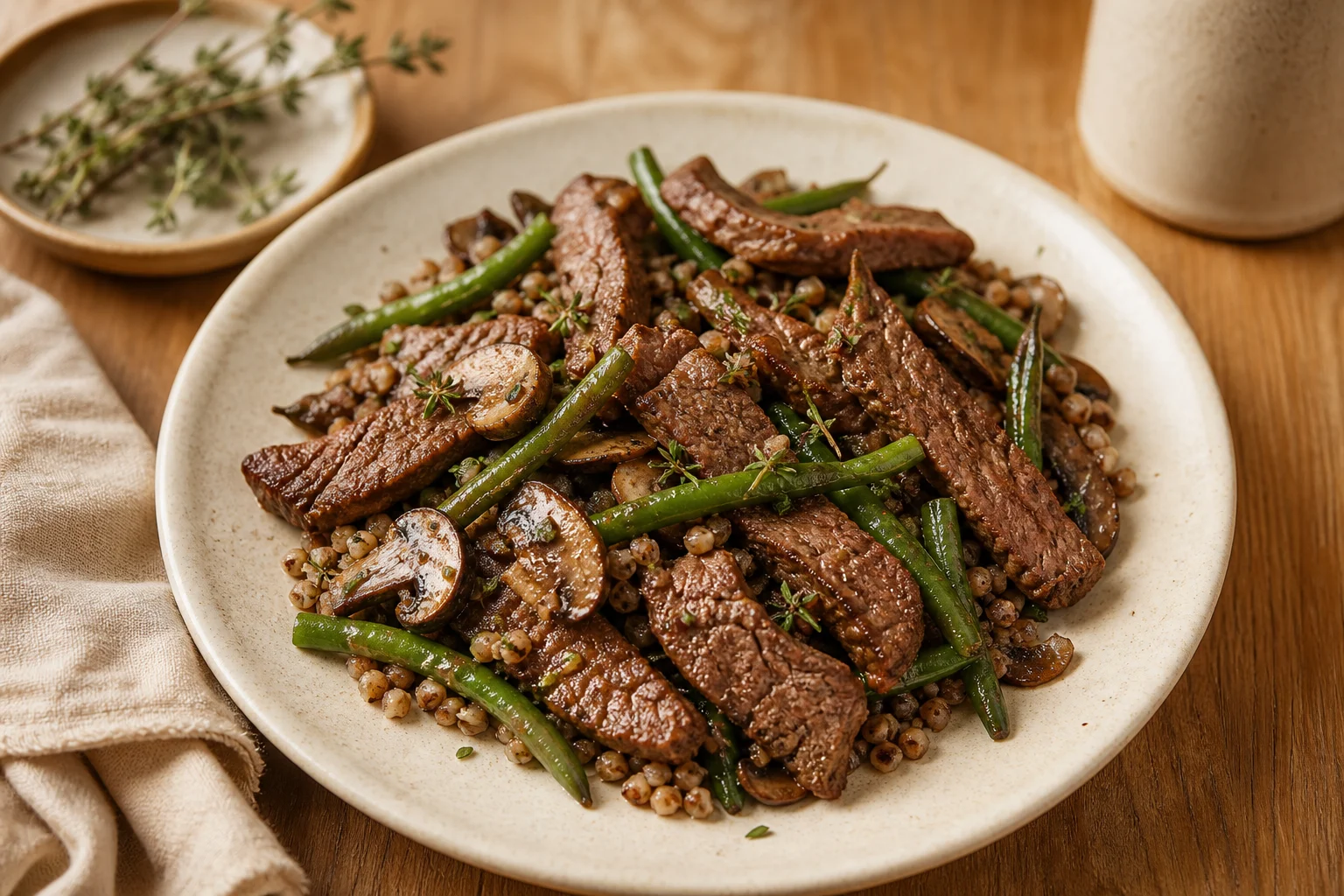Beef strips with buckwheat and vegetables