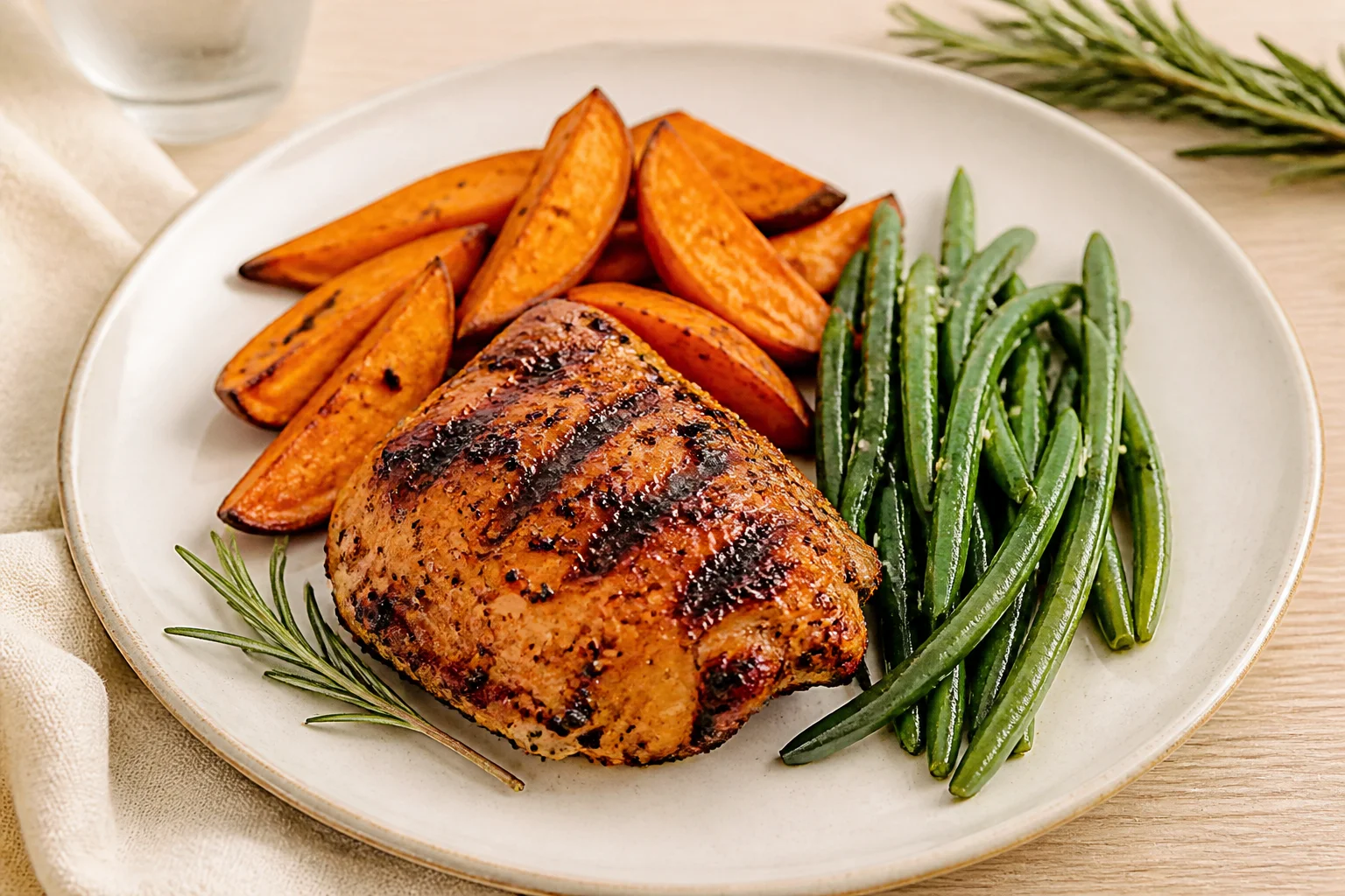 Grilled chicken with sweet potato and greens