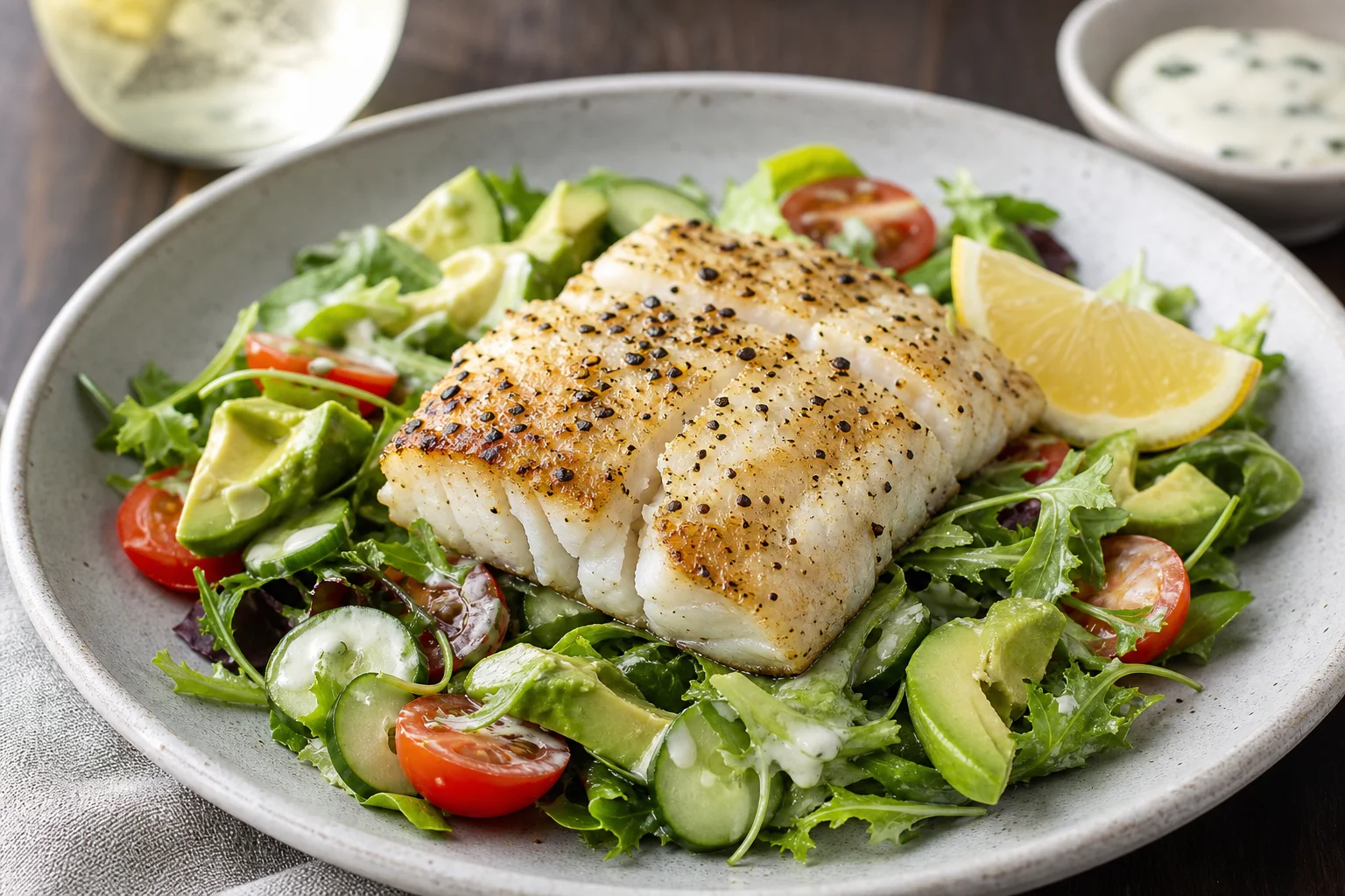Baked cod with mixed salad