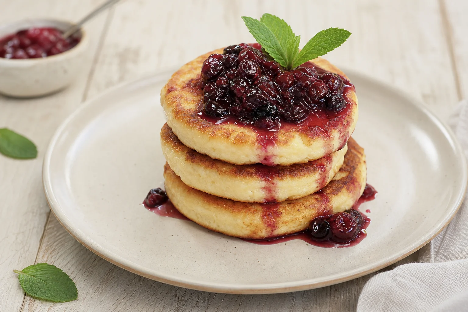 Cottage cheese pancakes with berry compote
