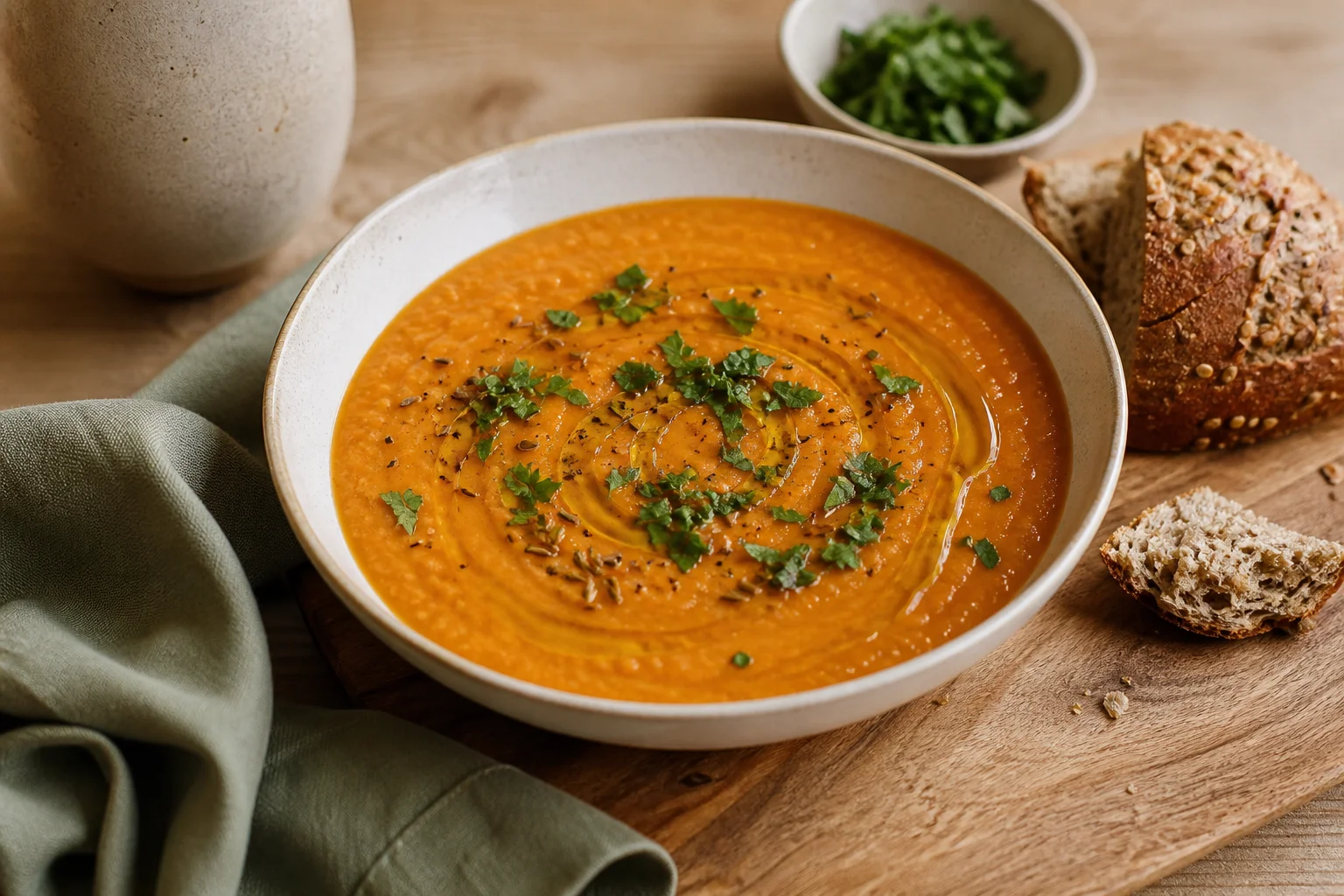 Red lentil soup with wholegrain bread