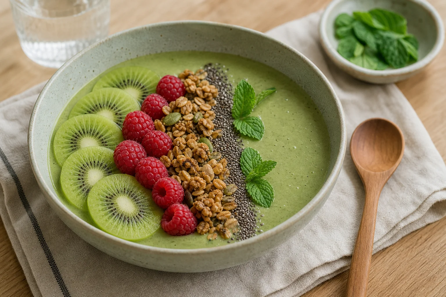 Green smoothie bowl with toppings