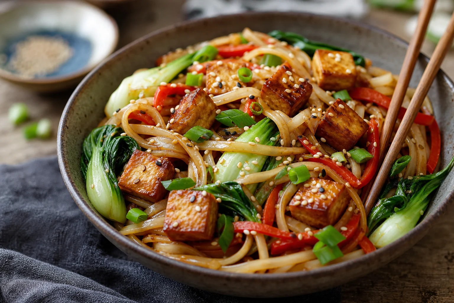 Tofu stir-fry with rice noodles