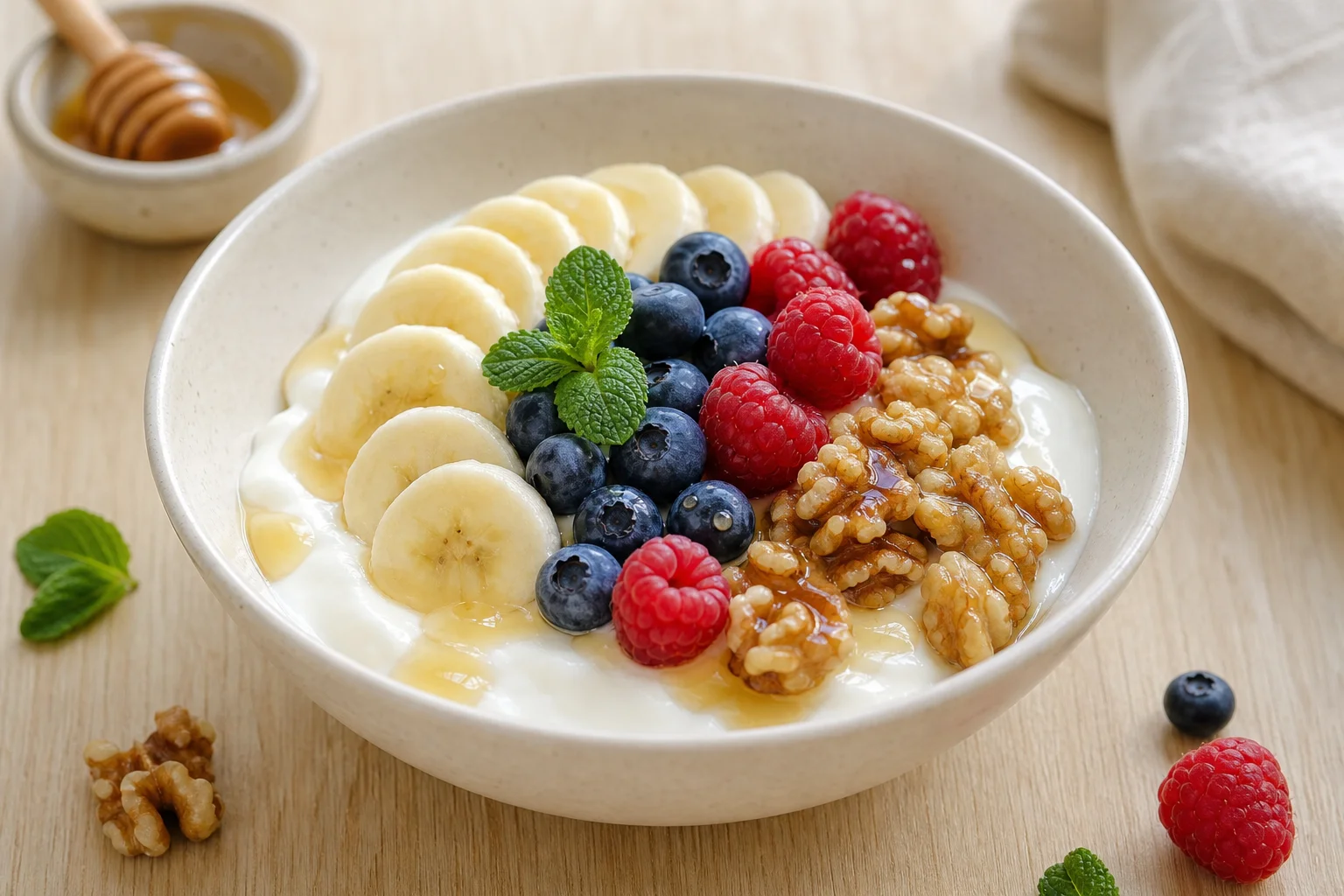 Greek yogurt with fruit and nuts